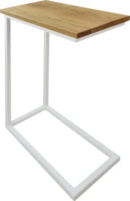 A C-shaped side table with a wooden top and white metal frame, presented against a white background.