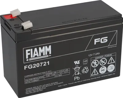 A black Fiamm battery with white lettering and symbols.