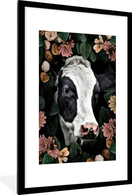Produktbild von MuchoWow® MuchoWow® Gerahmtes Poster Kuh - Blumen - Blätter 60x90 cm - Poster mit zchwarzem Bilderrahmen - Dekoration - Wandposter Wohnzimmer - Hochwertig