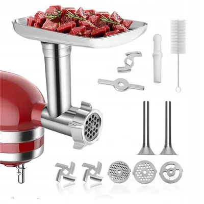 Image de Accessoire hachoir à viande pour robot de cuisine KitchenAid, comprenant 2 tubes de remplissage pour saucisses et un support, 4 disques de hachage, 2 lames de hachage