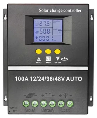 Immagine prodotto di Regolatore solare MPPT 100A, 12V/24V/36V/48V, con display LCD retroilluminato, controllore intelligente per batterie al piombo-acido, doppia porta USB, dissipatore in lega di alluminio