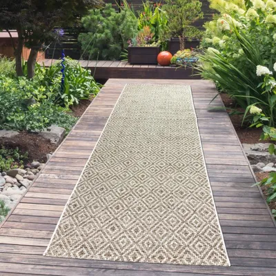 Zdjęcie produktu dla Dywan do wnętrz i na zewnątrz balkon odporny na warunki atmosferyczne płaski splot w romby w kolorze beżowym rozmiar - 80 x 250 cm