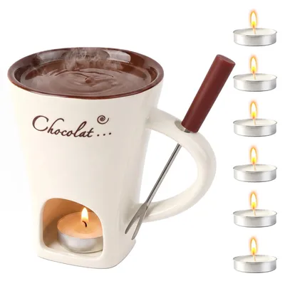 Imagen del producto de Recipiente de cerámica para fondue, de 200 ml, con tenedor y soporte para vela, ideal para chocolate y queso