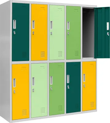 A multi-compartment locker unit with doors in green and yellow colors.