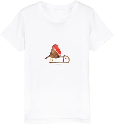 Produktbild von Mr. & Mrs. Panda Organic Kinder T-Shirt Rotkehlchen Schlitten 12-14 Jahre (152/164) - Weiß - Geschenk, Vogel, Kindershirt, Jungen, Weihnachten, Kinder-T-Shirt, Teenager