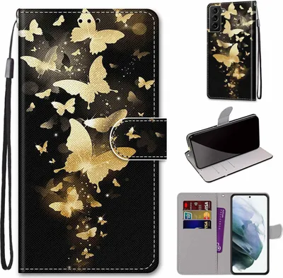 Produktbild von König Design Hülle kompatibel mit Samsung Galaxy S22 Plus 5G Kunstleder Handyhülle - Handy Case Goldene Schmetterlingsgruppe