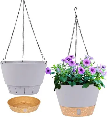 Zdjęcie produktu dla Wiszące kosze na rośliny o średnicy 25 cm, do użytku wewnątrz i na zewnątrz, z otworem odpływowym i 3 haczykami
