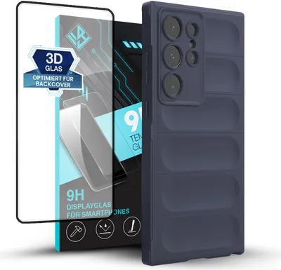 Produktbild von Handy Hülle für Samsung Galaxy S24 Ultra mit 9H Displayglas Displayschutz Plus Grip Case Cover Schutzhülle Softgrip Farbe: Dunkelblau