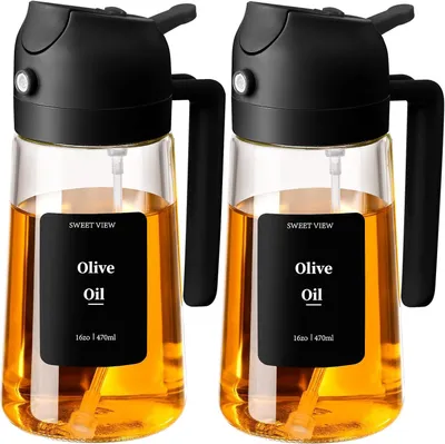 Imagen del producto de Dispensadores de vinagre y aceite (2 unidades). Botella rociadora de aceite de oliva, 470 ml. Dispensador y pulverizador de aceite de vidrio 2 en 1, ideal para la cocina, freidoras de aire y para cocinar