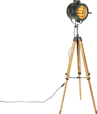 Produktbild von QAZQA - Industrie I Vintage I Dreibein-Stehlampe schwarz mit Holz-Studiospot - Radient I Wohnzimmer I Schlafzimmer - Länglich - LED geeignet E27