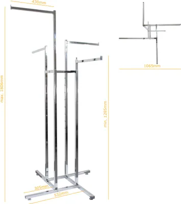 A chrome garment display rack with multiple arms.