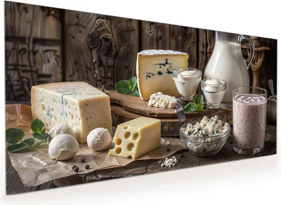 Produktbild von Küchenrückwand Spritzschutz Glas mit Motiv Käseplatte mit Milch 40 x 40 cm