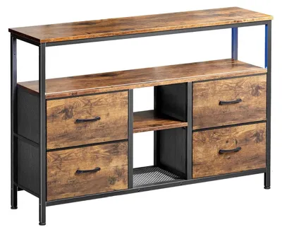 Image de Meuble TV bas - Meuble TV avec éclairage LED - 4 tiroirs - 3 compartiments ouverts - MDF et métal - 137 x 29,8 x 78 cm - Style moderne - Couleur bois