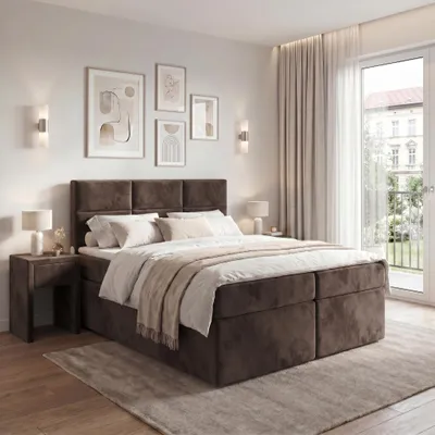 Produktbild von ELVORA DESIGNE Boxspringbett 140x200 cm PURELINE mit Bonellmatratze H3 & Topper, 2 Bettkästen, Dunkelbraun, KI-generiertes Bild