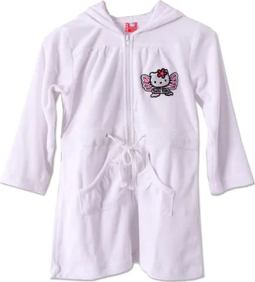 Produktbild von Hello Kitty Motiv Kinder Bademantel Mädchen Morgenmantel Kapuze Badezimmer Kids Robe 128/134 Weiß