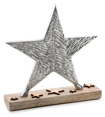 Produktbild von Dekofigur Stern aus Holz + Metall - Weihnachtsfigur Silber braun