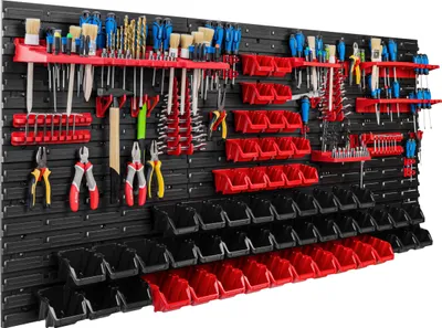 Immagine prodotto di Sistema di stoccaggio Scaffale da officina | 172 x 78 cm | 56 pezzi. Scatola | Scaffale a muro con supporti per utensili e contenitori impilabili - Pannelli a muro Scaffale extra resistente Scaffale forato per utensili Scaffale da magazzino Scaffale da garage