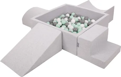 Obrázok produktu pre KiddyMoon Mäkké penové ihrisko pre deti s Štvorec loptičkovým ihriskom (200 ∅ 7 cm) s mäkkými prekážkami a loptičkovým bazénom,  vyrobené v EÚ, Svetlo šedá:Biela/Grey/Mätový, Verzia 5