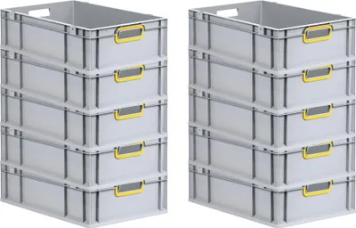 Produktbild von SparSet 10x Eurobox NextGen Color | HxBxT 17x40x60cm | 34 Liter | Griffe gelb offen | Glatter Boden | Grau | Eurobehälter, Transportbox, Transportbehälter, Stapelbehälter