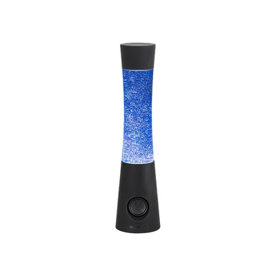 A black lava lamp with blue glitter is shown against a white background.