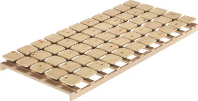 A wooden slatted bed base with a disc spring system, shown from a diagonal angle against a white background.