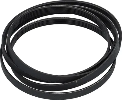 A black serpentine belt is coiled on a white background.