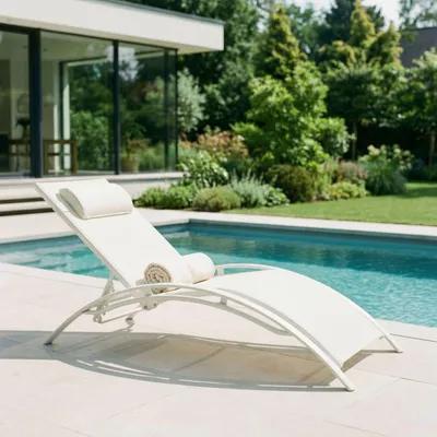 Produktbild von Gartenliege RELAX mit verstellbarer Rückenlehne und Kissen, Cremeweiß – wetterfeste Sonnenliege, klappbar für Balkon oder Terrasse, Aluminiumgestell und Textilene, pflegeleicht und komfortabel