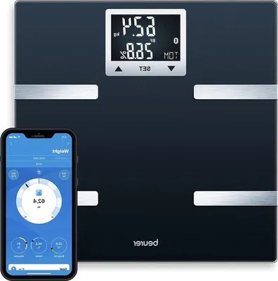 Produktbild von Bluetooth-Bodenwaage mit Smartphone-App, Körpergewicht, Körperfett, Muskelmasse und Energiebedarf.
