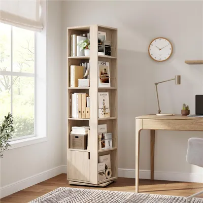 Zdjęcie produktu dla Półka na książki Yaheetech, obrotowa o 360°, z 5 poziomami i 20 przegródkami, stojąca, wymiary 42x42x169 cm, obrotowa półka z regulowanymi półkami, kolor jasnobrązowy
