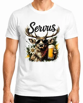 Productafbeelding van Servus Hirsch, Beierse bier, zonnebril, traditioneel shirt, leren broek, heren T-shirt, wit, maat S