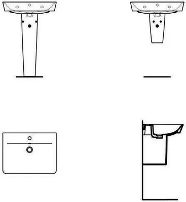 Technical drawings of a sink and pedestal from different angles.