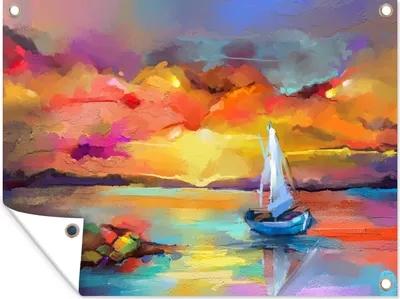 Produktbild von MuchoWow® 120x90 cm Outdoor-Poster Gartendeko Sichtschutz Garten Poster für den Garten  Malerei - Ölfarbe - Boot - Farben