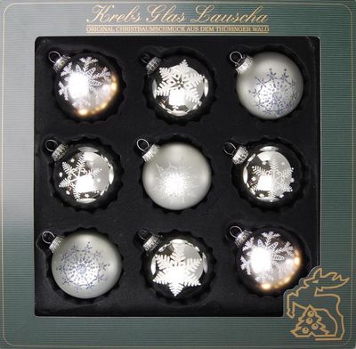 Krebs Glas Lauscha - 9 Adventskugeln Silberfarben 8cm - Glaskugelsortiment - verziert, glänzend und matt