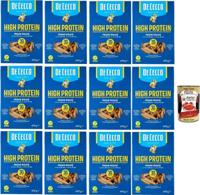 Produktbild von De Cecco Penne rigate Nr. 41, High protein, Italienische Hartweizennudeln, 12 Packungen à 400g, Pasta aus 100% italienischem Hartweizen, + Italian Gourmet polpa 400g