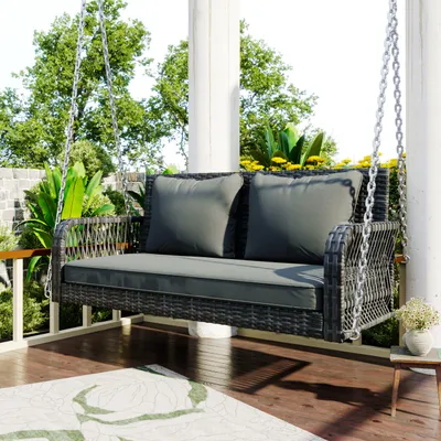Produktbild von 2-Sitzer Polyrattan Hollywoodschaukel inkl. 11cm Polster Gartenschaukel Lounge-Set wetterfest Hängebank graues