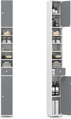 Produktbild von GOPLUS Badezimmerschrank schmal, Hochschrank mit Schublade, Türen & Ablagen, Aufbewahrungsschrank für Küche & Wohnzimmer, 20 x 20 x 180cm (Grau)