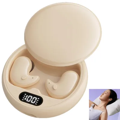 A pair of beige wireless earbuds in their charging case, with a small inset image of a woman sleeping with earbuds in.