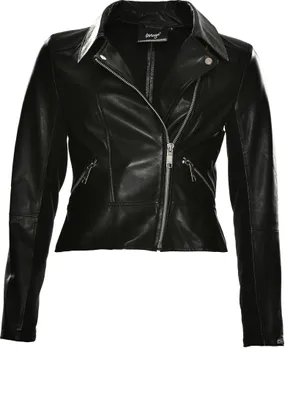 Produktbild von Damen Bikerjacke aus Leder in Schwarz, Größe L, mit asymmetrischem Reißverschluss