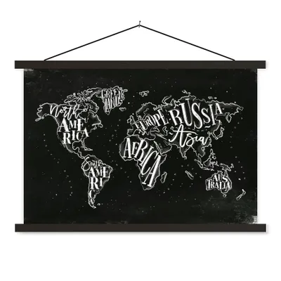 Obrázok produktu pre MuchoWow® Textilný plagát - Mapa sveta - Jednoduchá - Čiernobiela - 90x60cm - S čiernymi lamelami