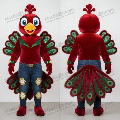 Produktbild von Karmesinroter MASTICOT Samt-Pfauen-Maskottchen mit Federkleid