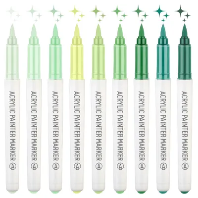 Image de Lot de 9 marqueurs à base d'acrylique, couleur verte, pointe de 1,0 mm, résistants à l'eau