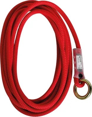 Rotes Seil mit einer Schlaufe aus Metall am Ende; Produkt "Tree Anchor" von "singing rock"; geeignet für Arbeitssicherheit.