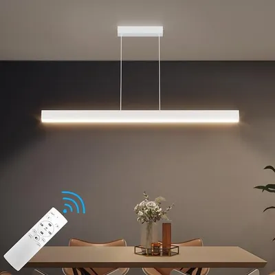 Obrázok produktu pre Zavesené LED svietidlo, stôlové, 100 cm / 36 W, 3000K-6000K, stmívateľné, s diaľkovým ovládaním, lineárne, výška nastaviteľná do 150 cm, stropné svietidlo vhodné do jedálne alebo kuchyne, biele