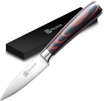 Immagine prodotto di PAUDIN N8 Coltello da verdura 9 cm – coltello da cucina e da sbucciatura professionale giapponese con motivo damascato – protezione per coltello inclusa