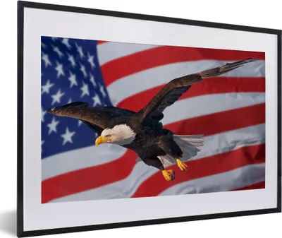 Produktbild von MuchoWow® MuchoWow® Gerahmtes Poster Amerikanischer Weißkopfseeadler vor der amerikanischen Flagge 60x40 cm - Poster mit zchwarzem Bilderrahmen - Schlafzimmer - Plakat in Rahmen - Drucken