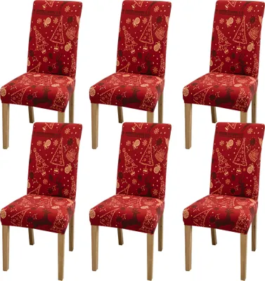 Obrázek produktu pro Vánoční kryt židle 6 ks Vánoční kryt židle Digitální tisk Elastické kryty sedadel Stretch High Back Slipcovers for Christmasel Banquet (Vánoce, Red）