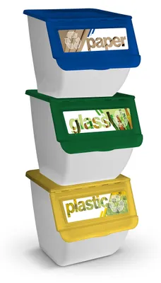 Produktbild von Set aus 3 stapelbaren Recyclingbehältern mit Rollen und faltbarem Deckel