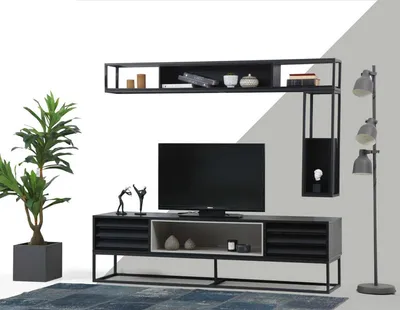 Zdjęcie produktu dla Szafka wisząca RTV Niska półka pod telewizor Zestaw TV Drewno Nowoczesny Czarny Design