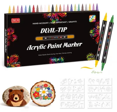 Produktbild von Acrylstifte Set - Mit Doppelspitze und 24 Farben - Zum Bemalen von Porzellan, Steinen, Holz, Glas, Keramik und Papier - 24er Set inklusive 8 Vorlagen