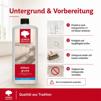 Produktbild von LEINOS Silikatgrund 1 l farblos – Fixativ für Silikat- & Kalkfarbe innen, KI-generiertes Bild